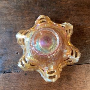 Vtg Carnival Art Glass Bowl. Basket Weave Pattern Marigold With Ruffles